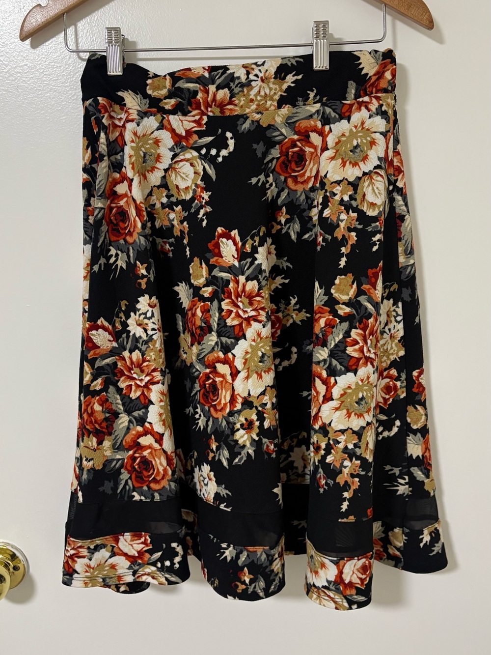 Faith and Joy Black Floral Circle Skirt with Rust and Cream Blooms